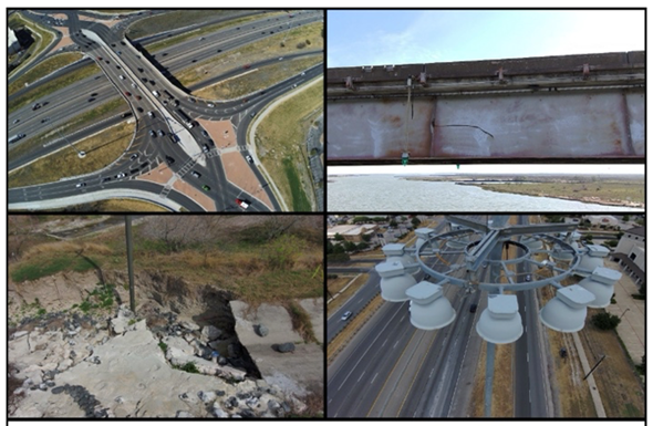 Four pictures showing a bridge inspection, high mast inspection, a natural disaster with survey.